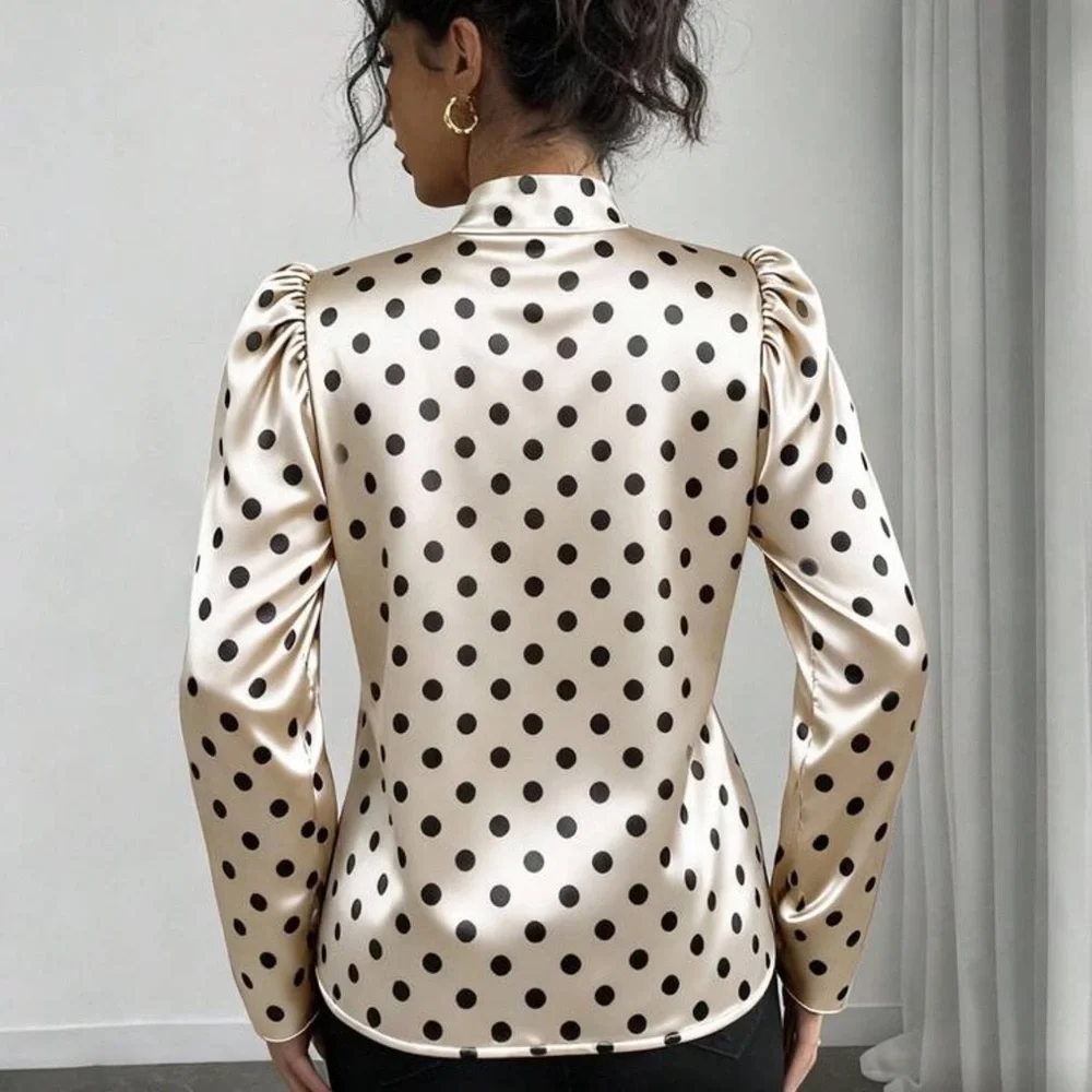 Polka Dot Satin Blouse with Bow